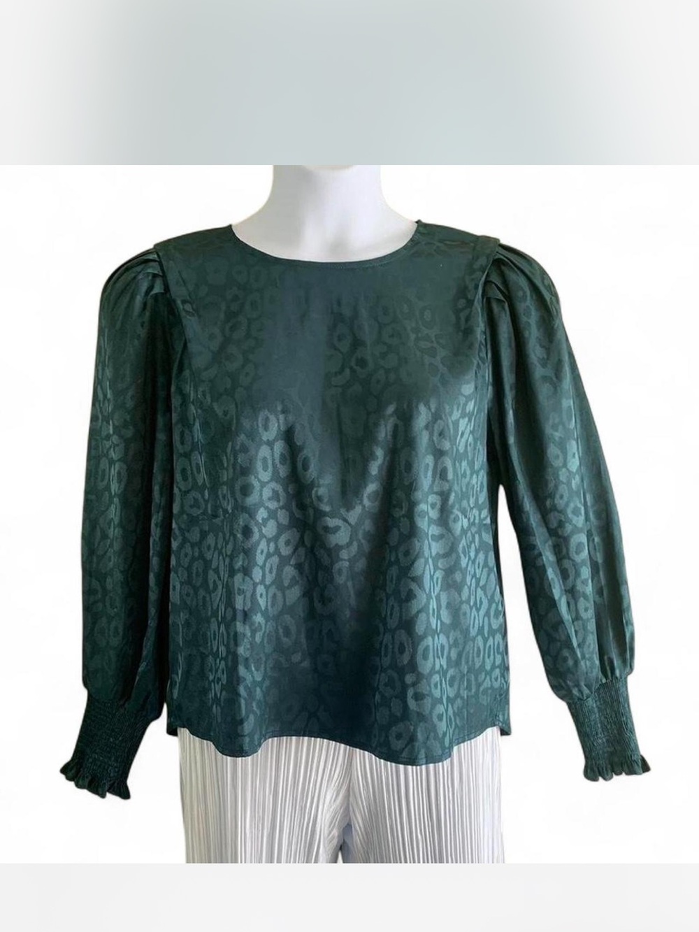 Coquette Dark Green/Teal Satin Jacquard Puff-Sleeve Blouse size M